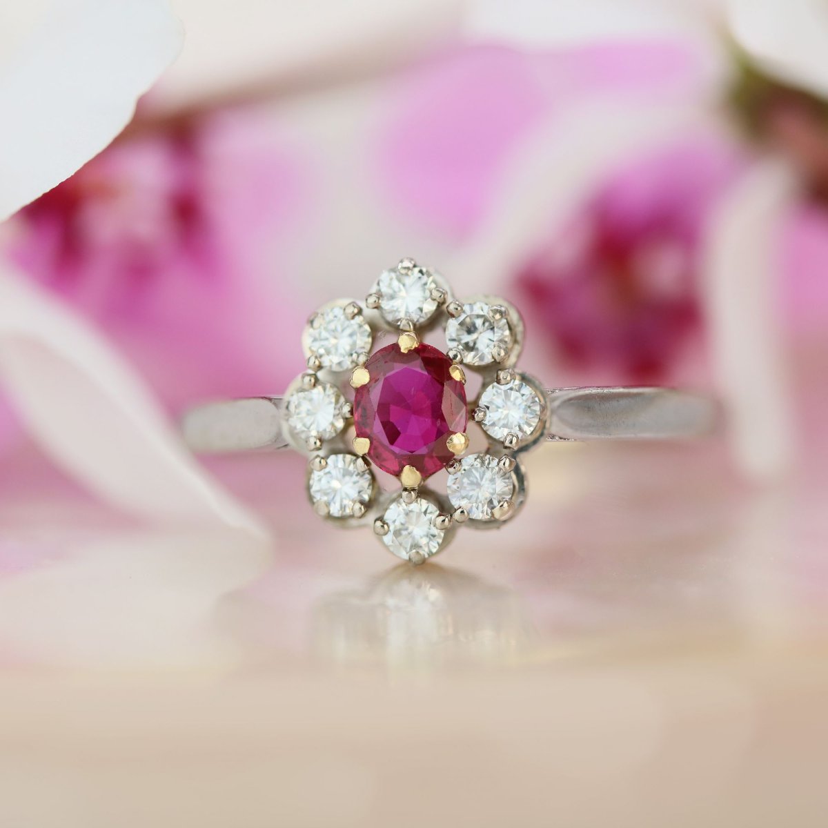 White Gold Ruby And Diamond Daisy Ring-photo-3