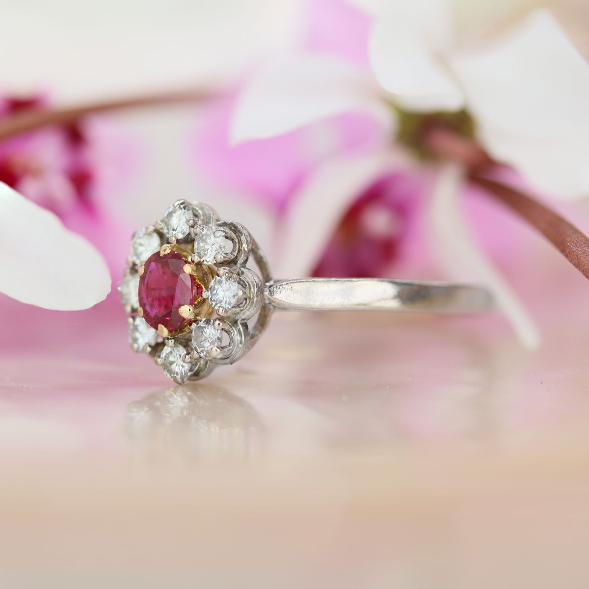 White Gold Ruby And Diamond Daisy Ring-photo-2