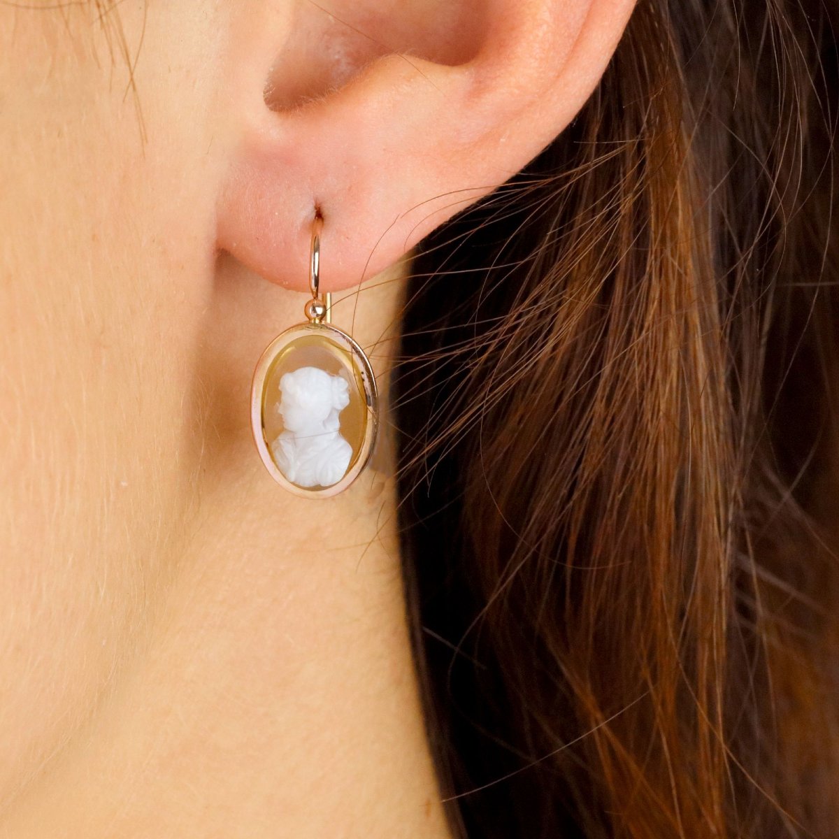Vintage Cameo Earrings Set In Agate And Rose Gold-photo-3