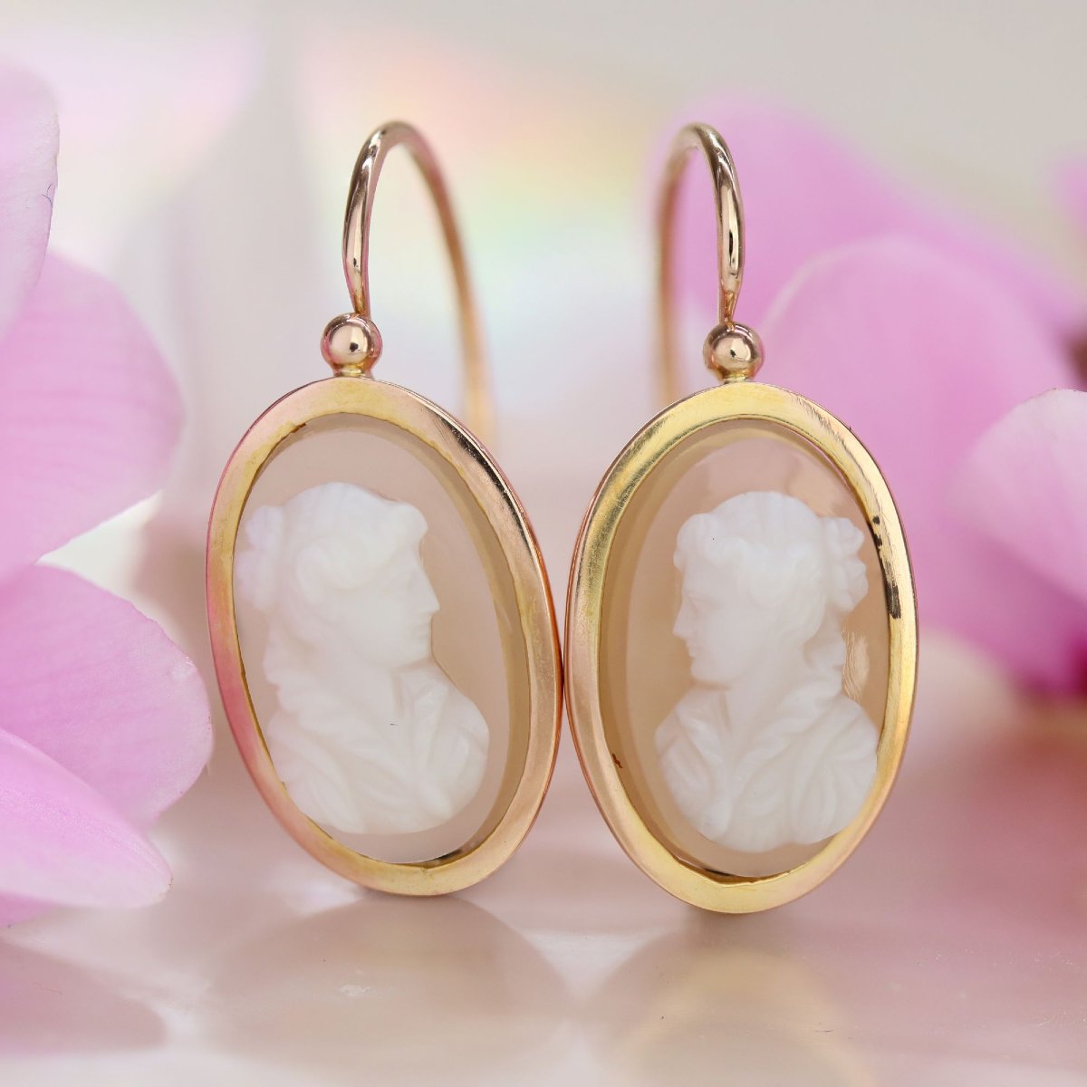 Vintage Cameo Earrings Set In Agate And Rose Gold-photo-4