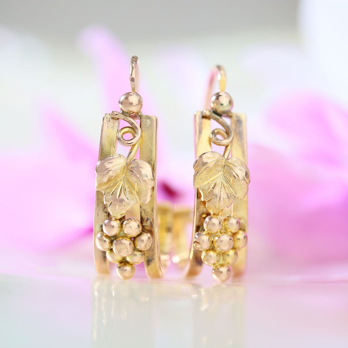 Boucles d'oreilles anciennes grappes et feuilles or rose-photo-3