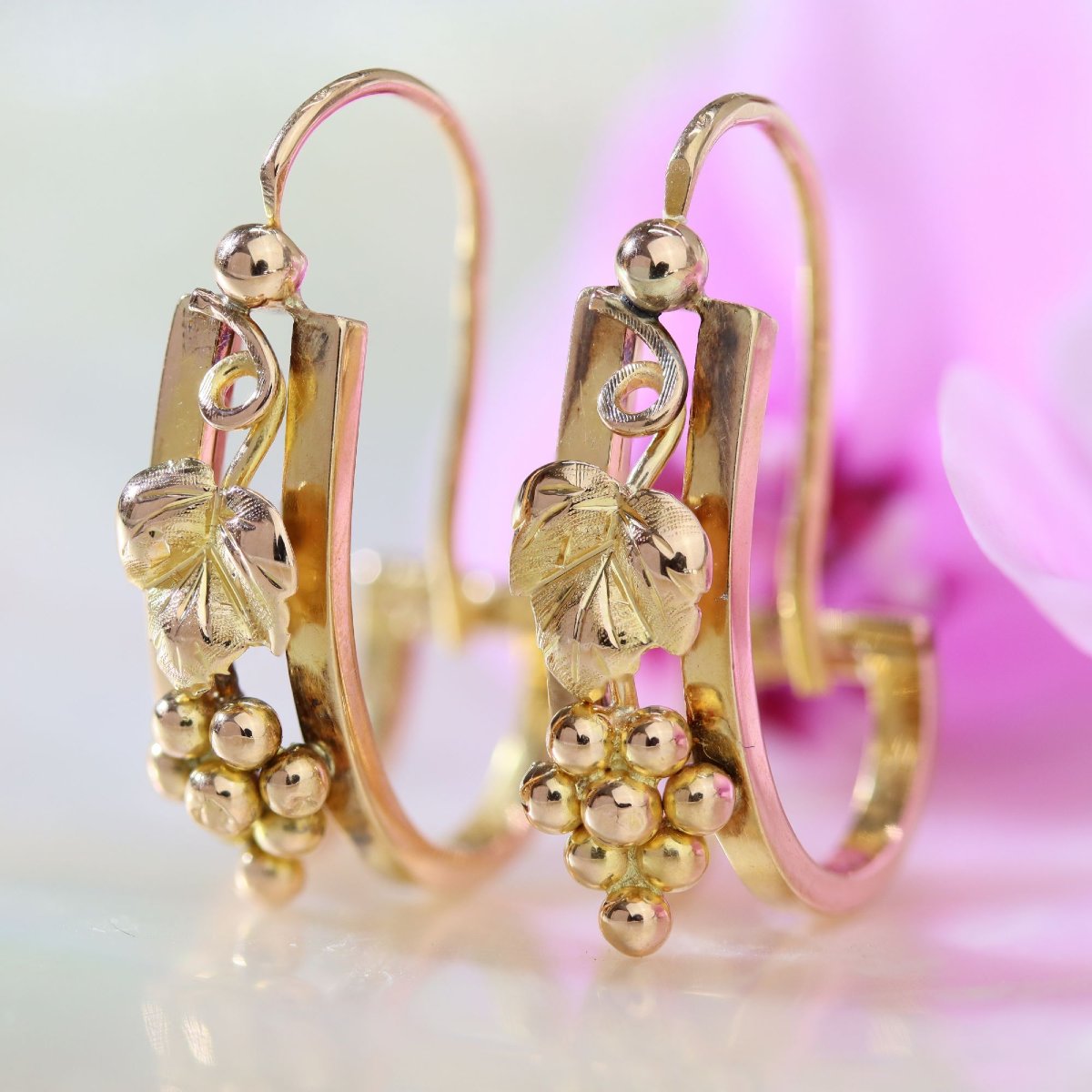 Boucles d'oreilles anciennes grappes et feuilles or rose-photo-3