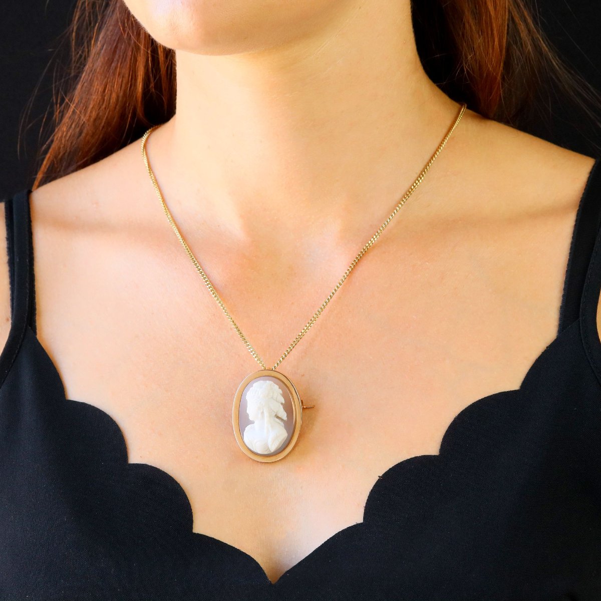 Cameo Pendant Brooch Set In Agate And Rose Gold -photo-3