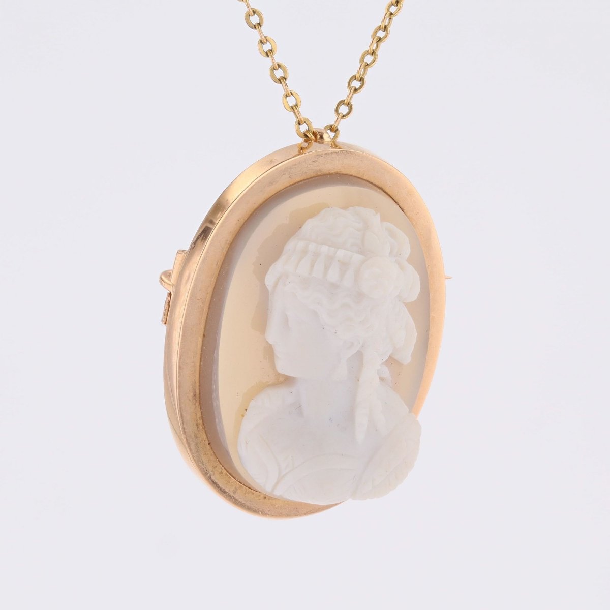 Cameo Pendant Brooch Set In Agate And Rose Gold -photo-3