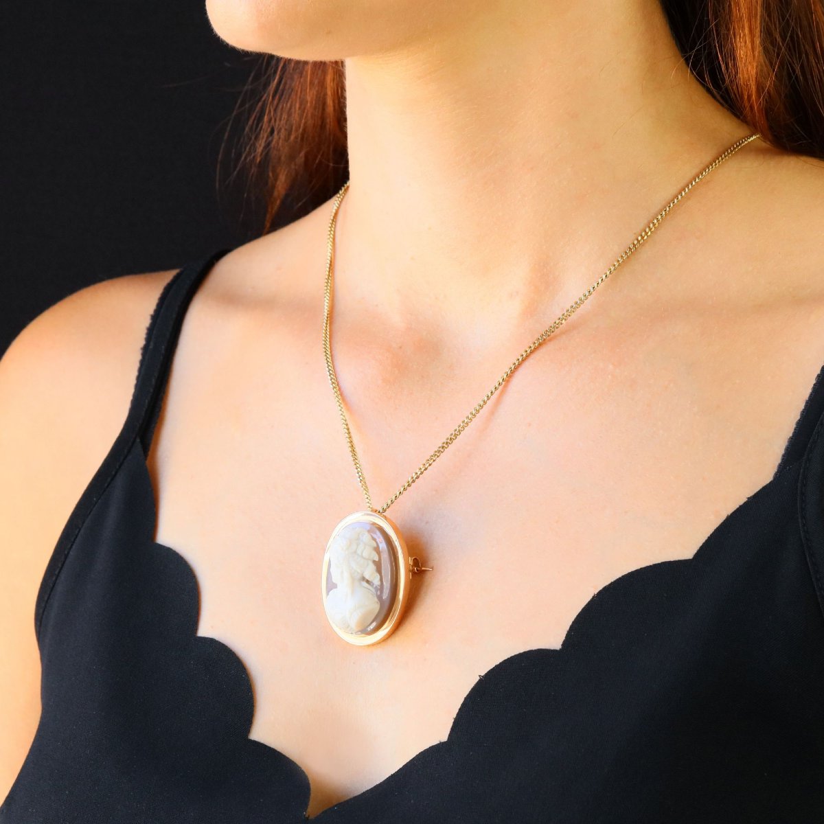 Cameo Pendant Brooch Set In Agate And Rose Gold -photo-4