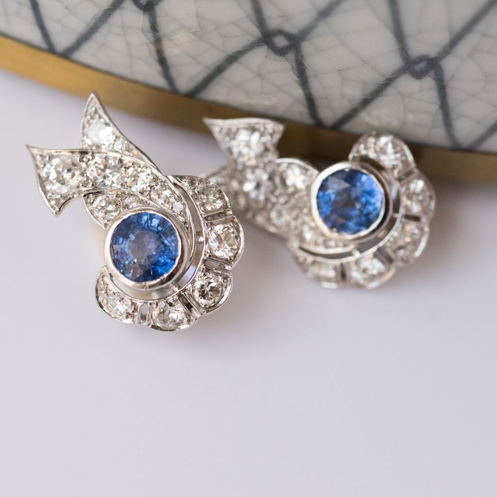 Earrings Art Deco Sapphire Diamonds-photo-3