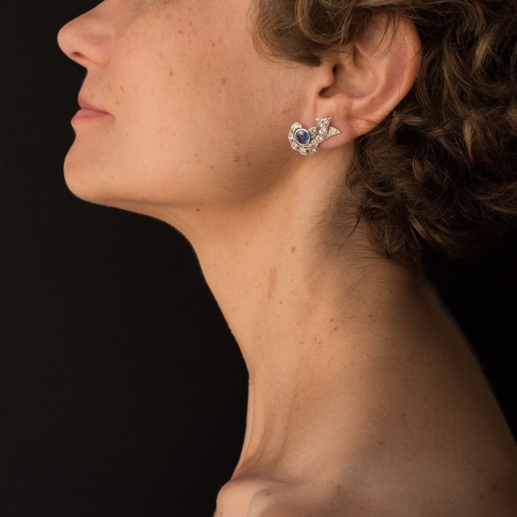 Earrings Art Deco Sapphire Diamonds-photo-4