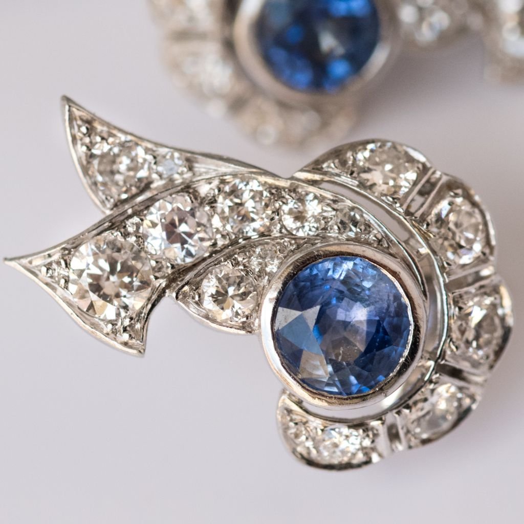 Boucles d'Oreilles Art Déco Saphir Diamants-photo-2