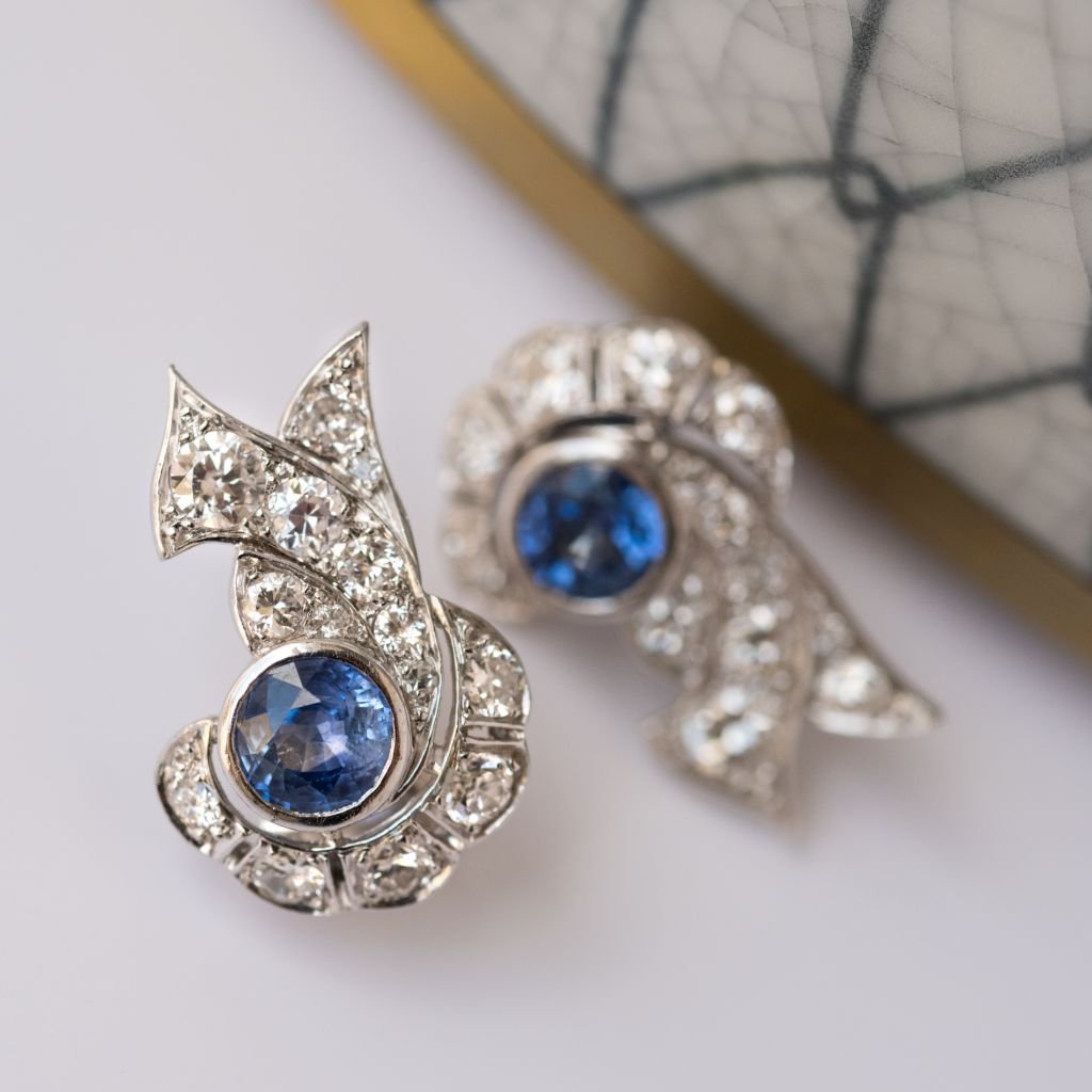 Earrings Art Deco Sapphire Diamonds-photo-3