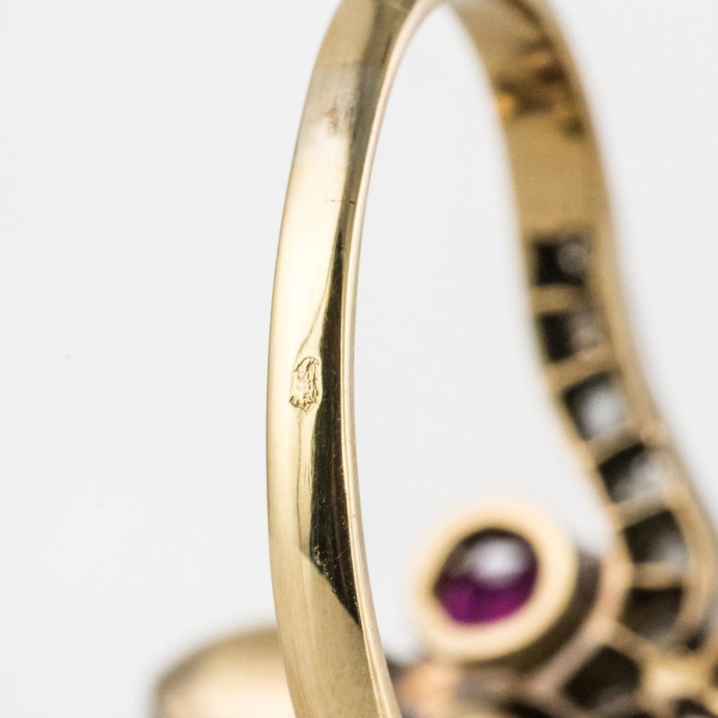 Bague Ancienne Duchesse Rubis Diamants Et Perle Fine-photo-7