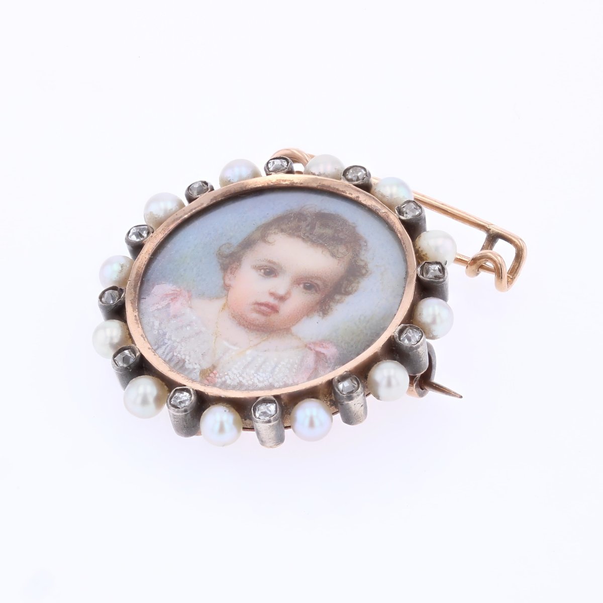 Ancient Brooch Miniature Fine And Diamond Beads-photo-4