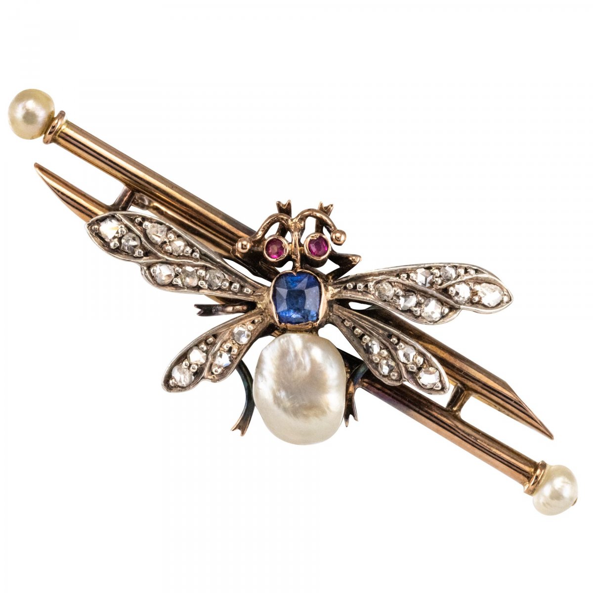 Broche Ancienne Insecte Perle Fine Saphir Et Diamants