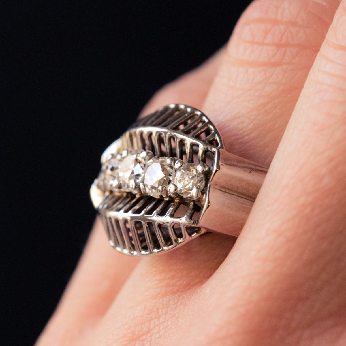 Vintage White Gold Diamonds Ring-photo-8