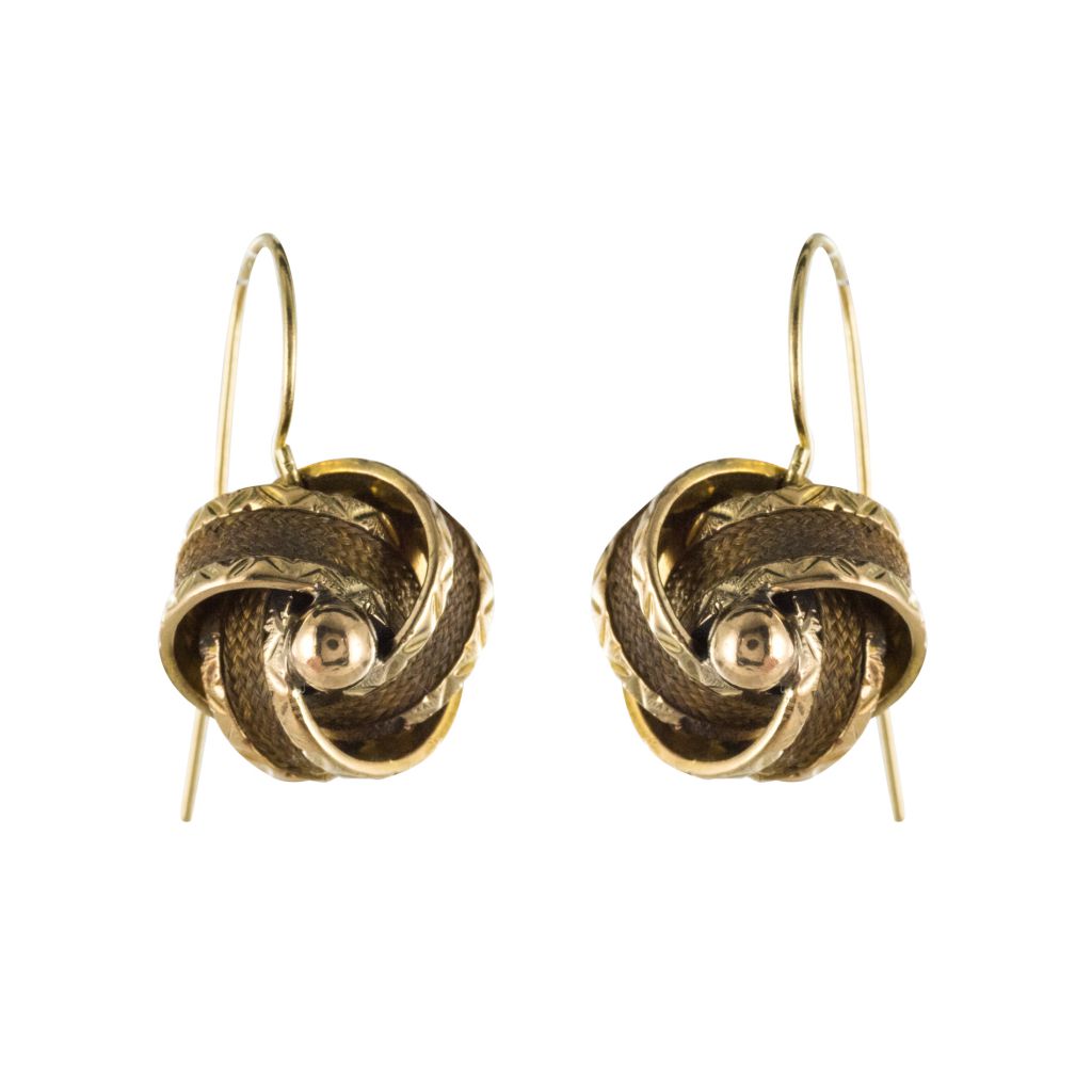 Boucles d'Oreilles Anciennes Noeuds d'Or Et De Cheveux