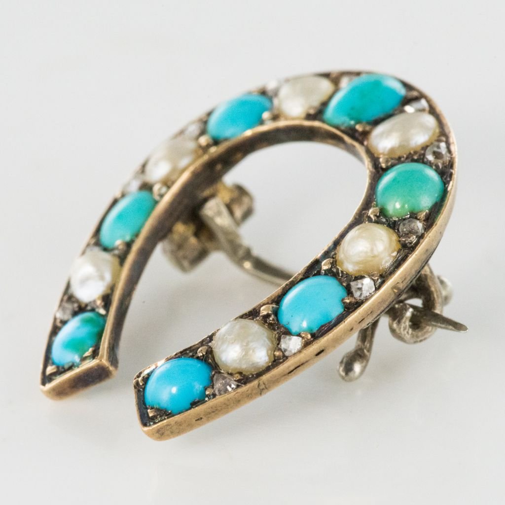 Broche Fer à Cheval Turquoises Perles Fines Diamants-photo-3