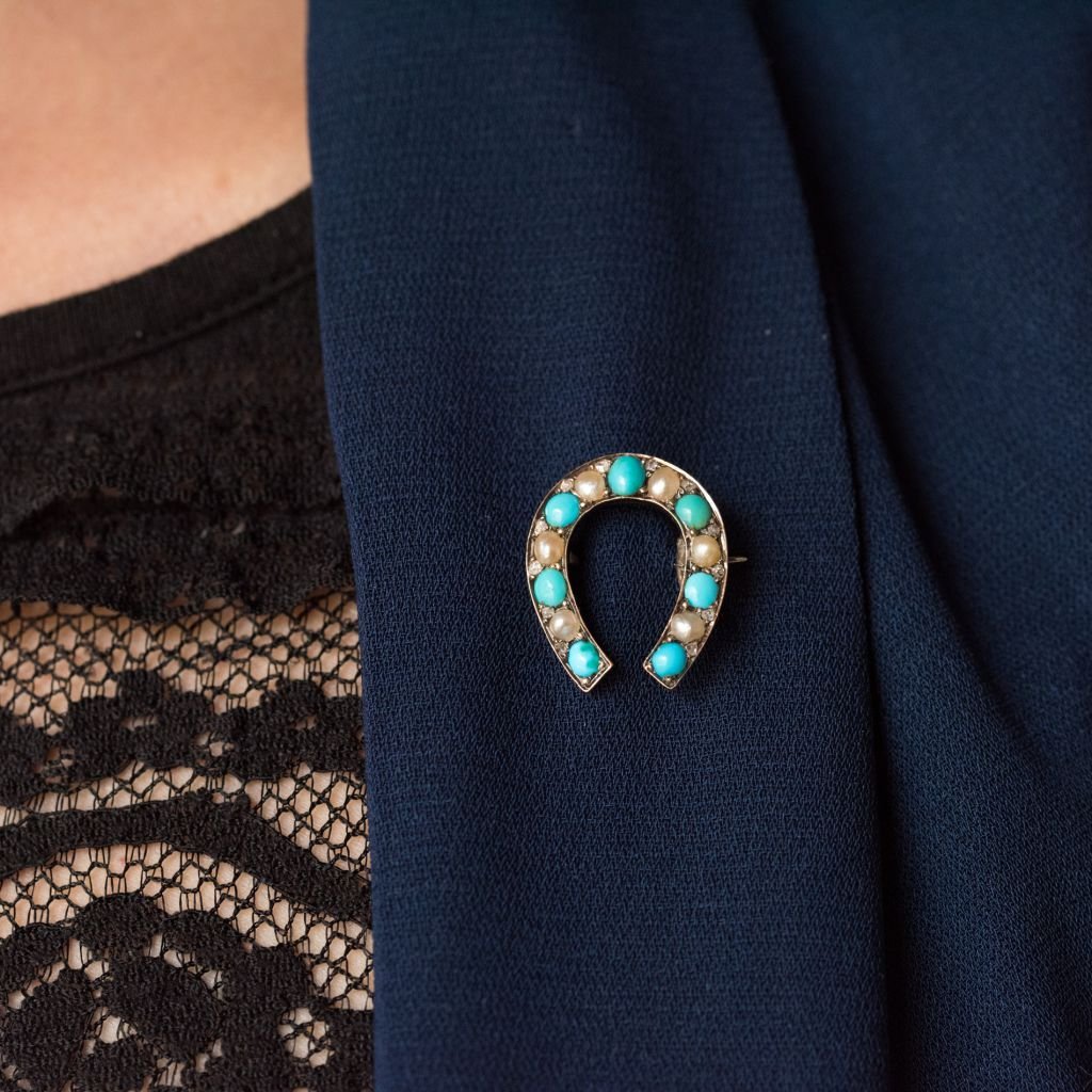 Broche Fer à Cheval Turquoises Perles Fines Diamants-photo-4