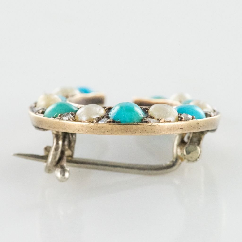 Broche Fer à Cheval Turquoises Perles Fines Diamants-photo-2