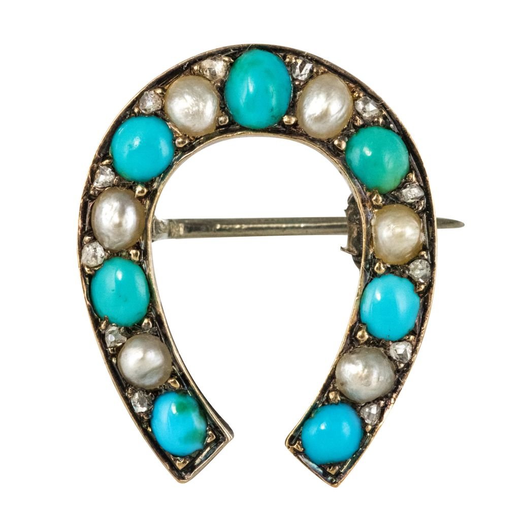 Broche Fer à Cheval Turquoises Perles Fines Diamants