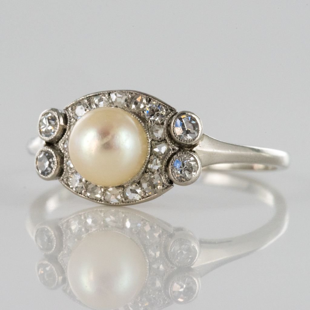 Bague Perle de Culture Diamants Art Déco-photo-4