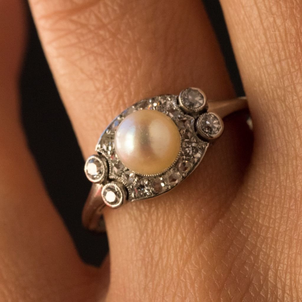 Bague Perle de Culture Diamants Art Déco-photo-1