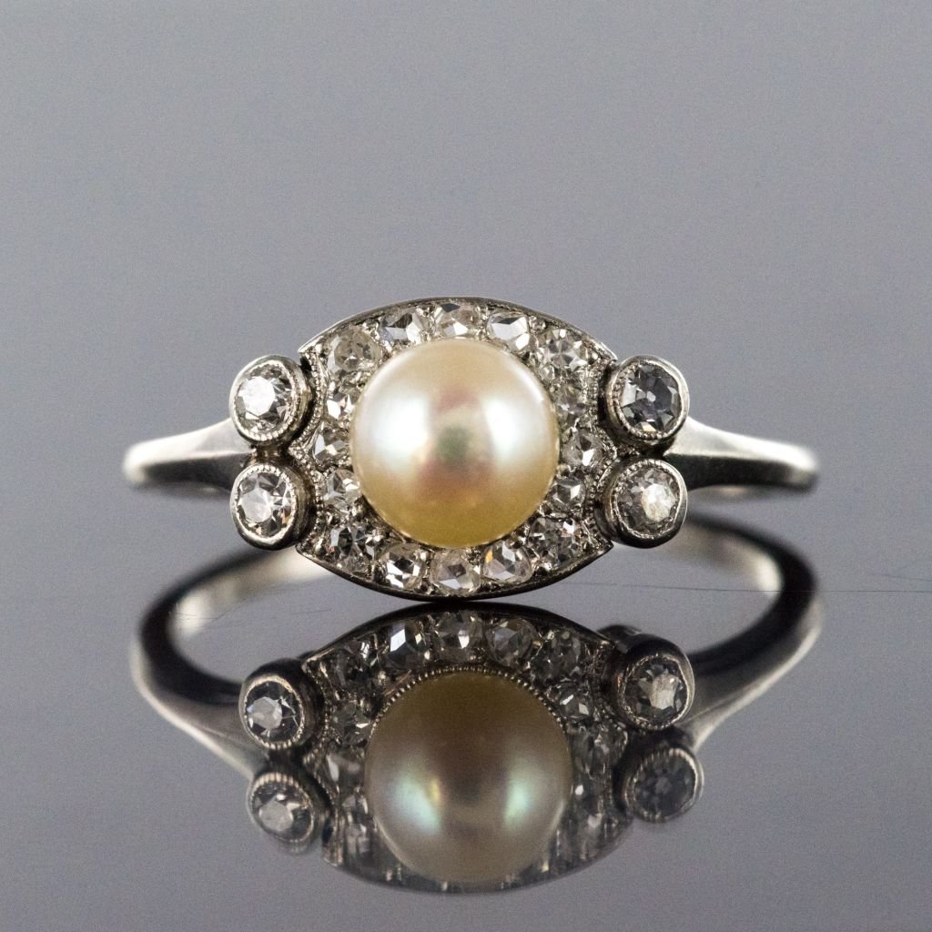 Bague Perle de Culture Diamants Art Déco-photo-2