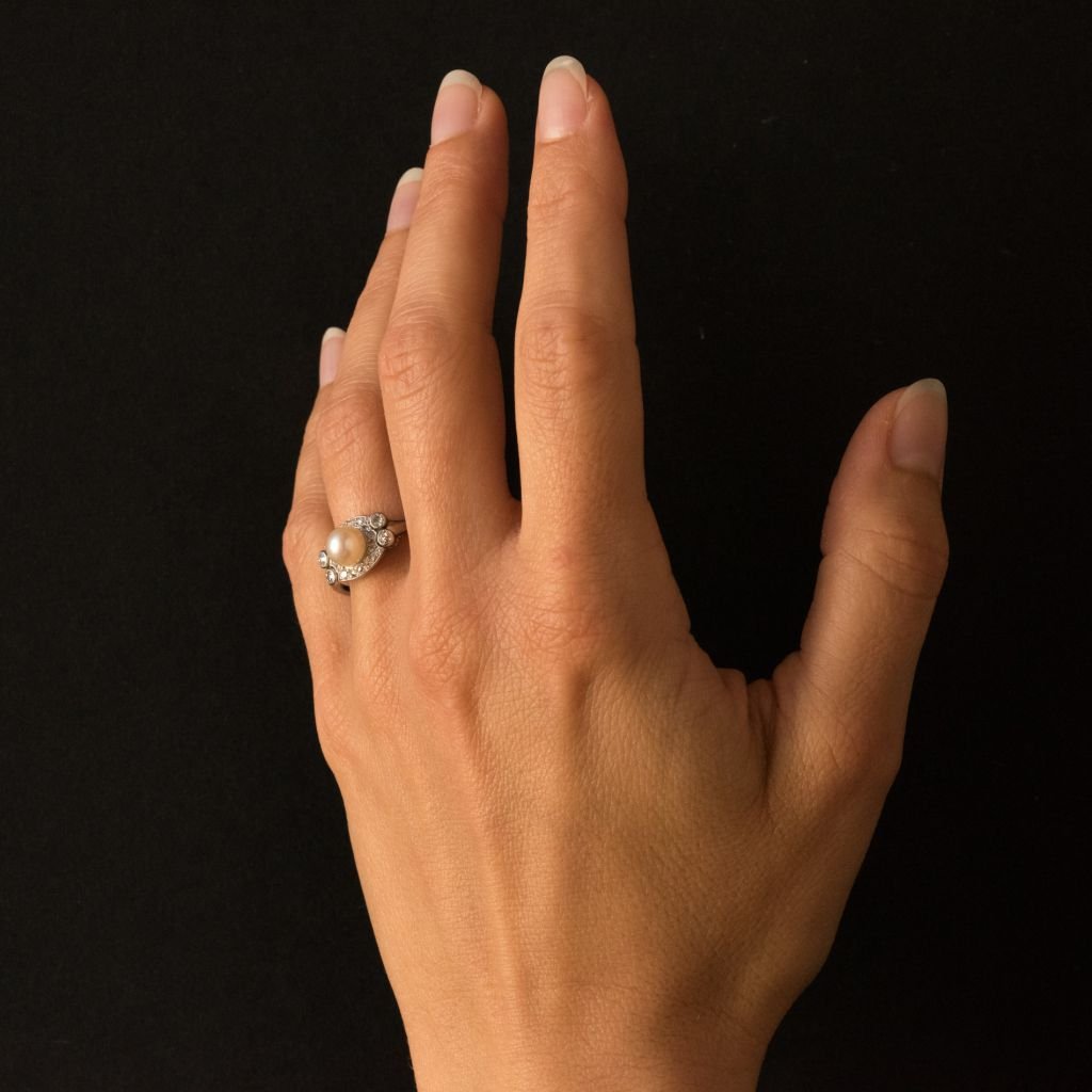 Bague Perle de Culture Diamants Art Déco-photo-3