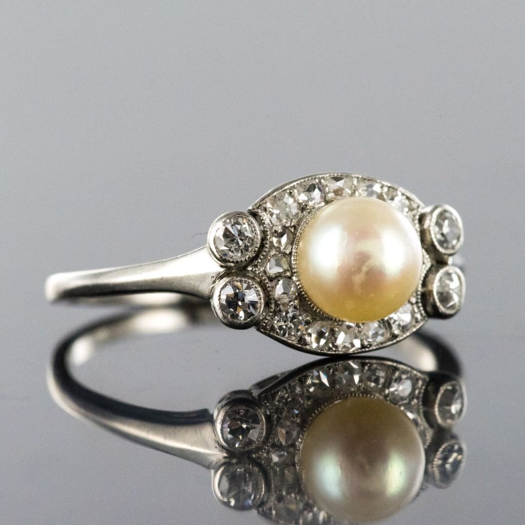 Bague Perle de Culture Diamants Art Déco-photo-4