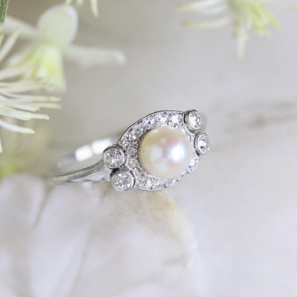 Bague Perle de Culture Diamants Art Déco-photo-6