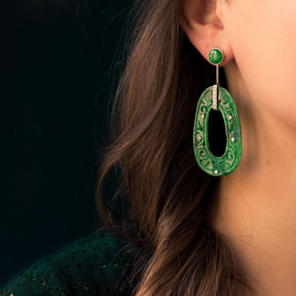 Boucles d'Oreilles Jade Et Diamants-photo-4