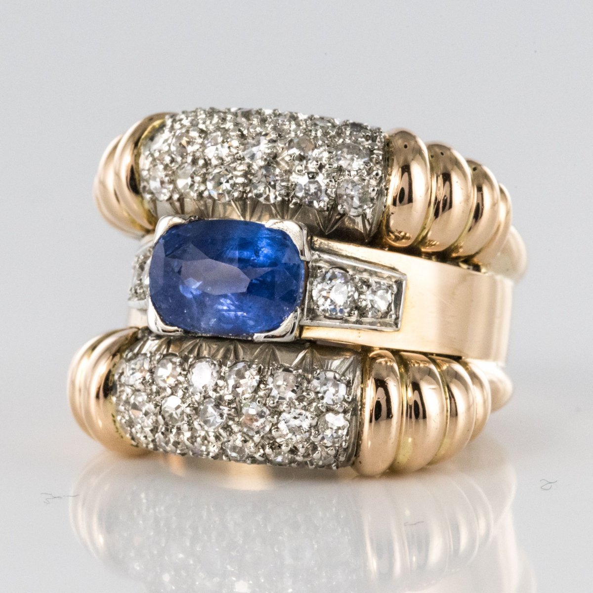 Bague Ancienne Saphir Diamants à Godrons-photo-3