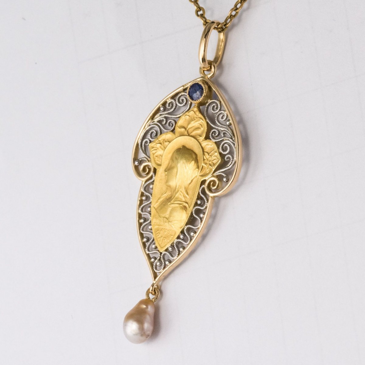 Pendentif Ancien Vierge Saphir Perle Fine -photo-3