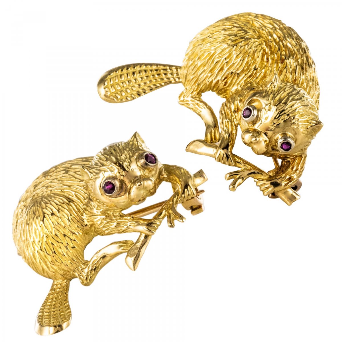 Pair Of Gold Beavers Brooches