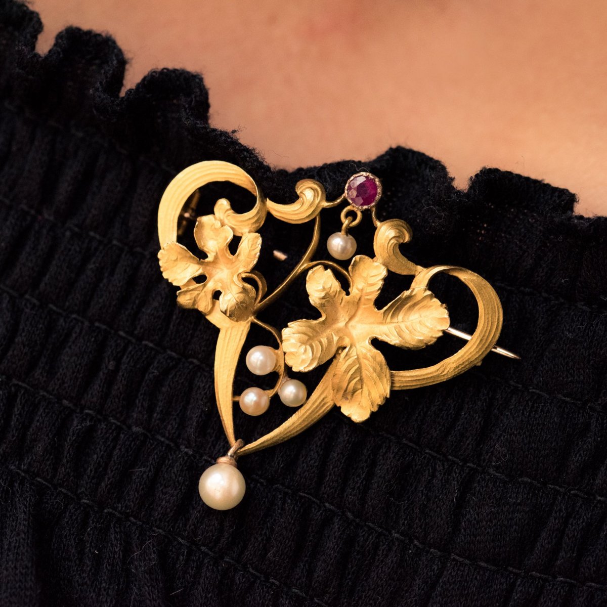 Broche Art Nouveau Rubis Perles-photo-4