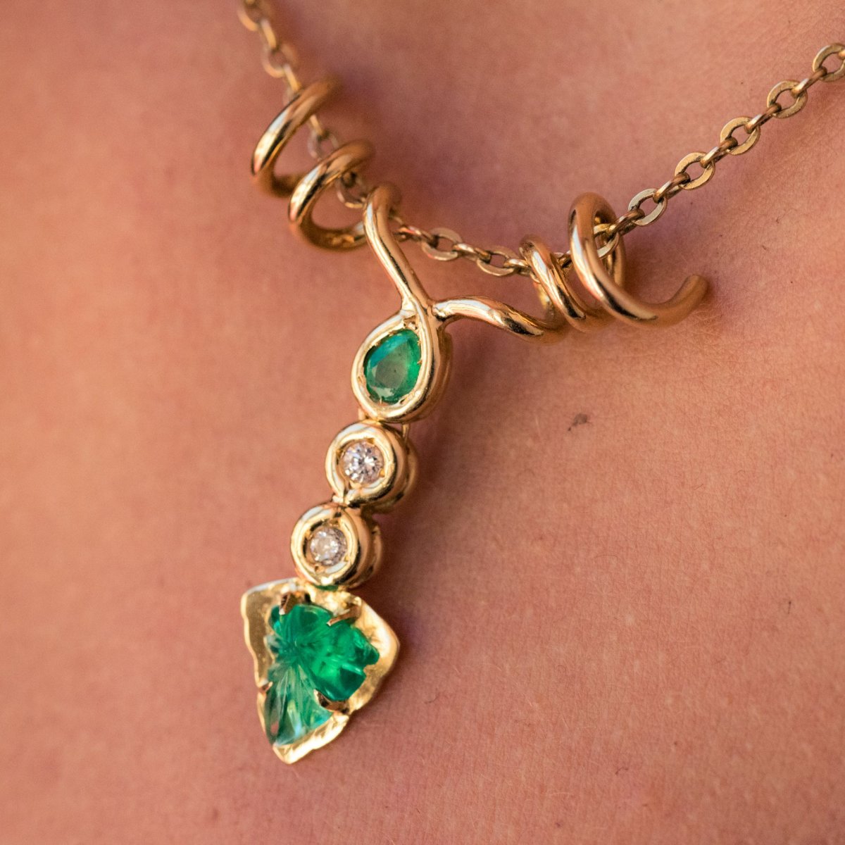 Gold And Emeralds And Diamonds Vine Leaf Pendant-photo-4