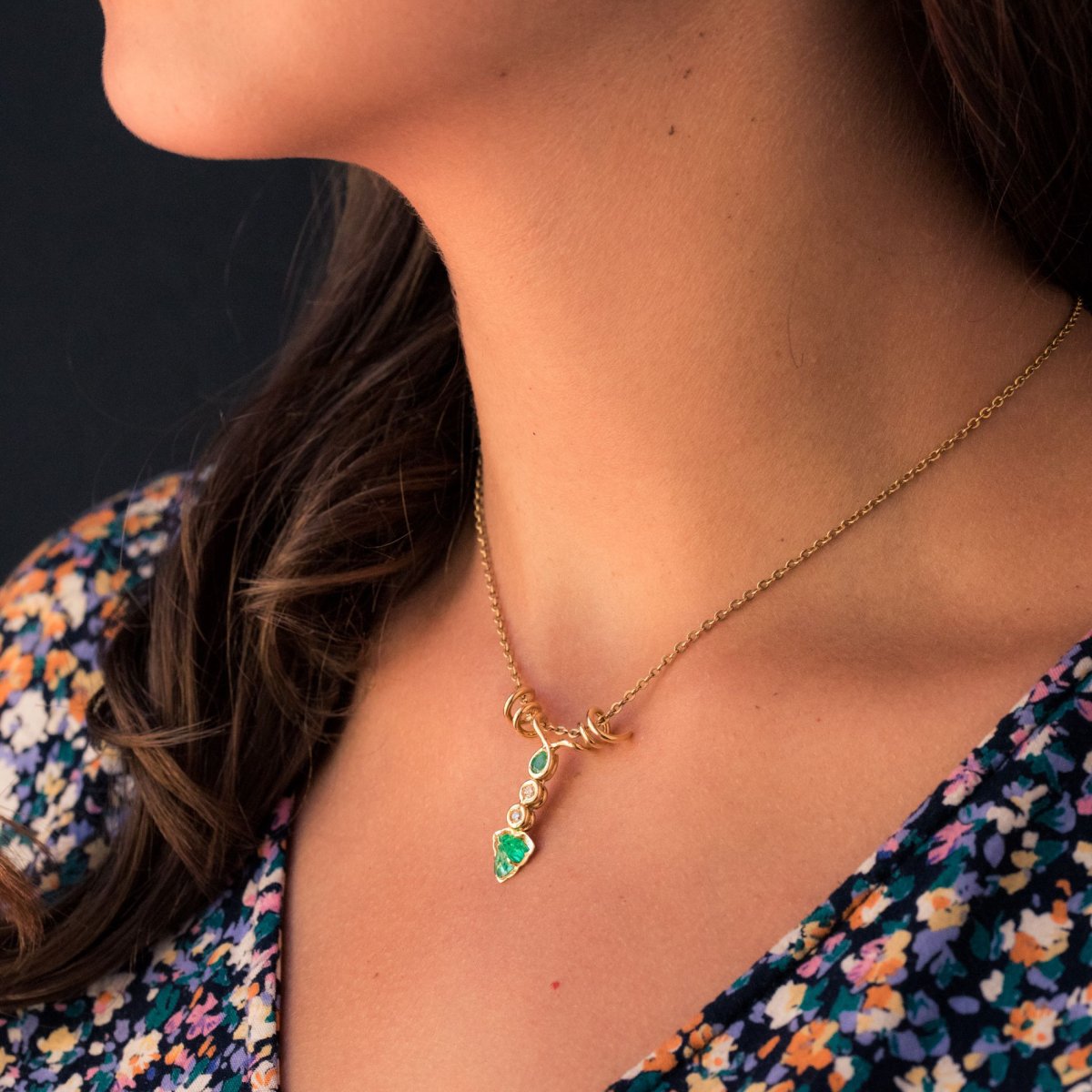 Gold And Emeralds And Diamonds Vine Leaf Pendant-photo-4