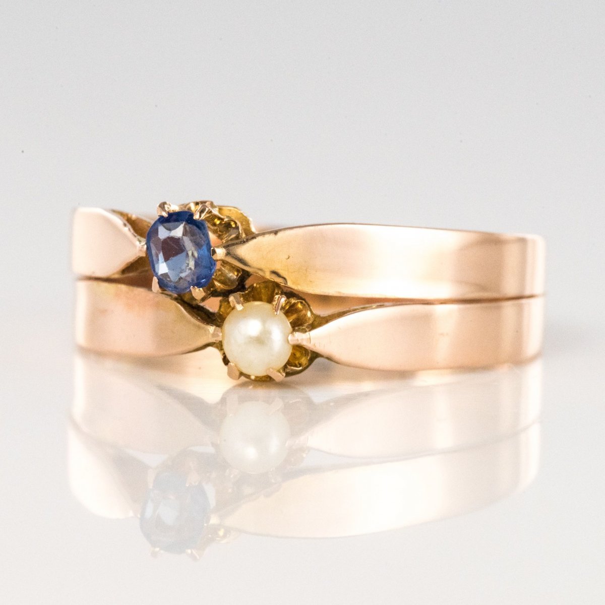 Old Rose Gold Ring You And Me Pearl Fine Sapphire-photo-3