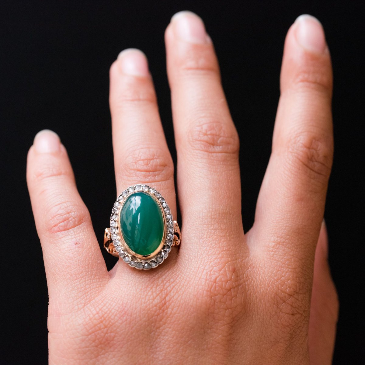 Old Green Agate And Rose Cut Diamond Ring-photo-2