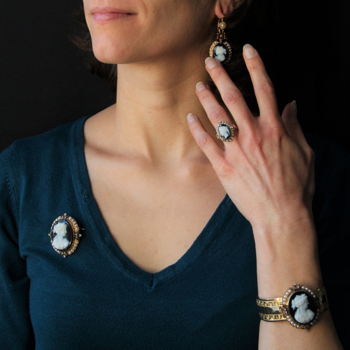 Parure Ancienne Camées Sur Onyx Perles Fines Et Diamants-photo-3