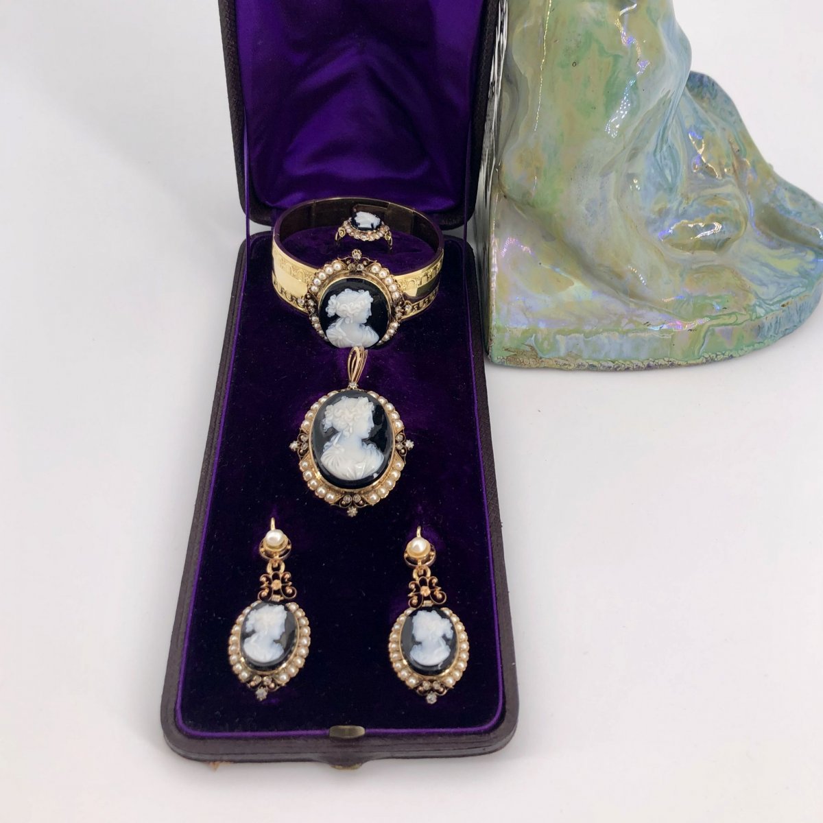 Parure Ancienne Camées Sur Onyx Perles Fines Et Diamants-photo-4