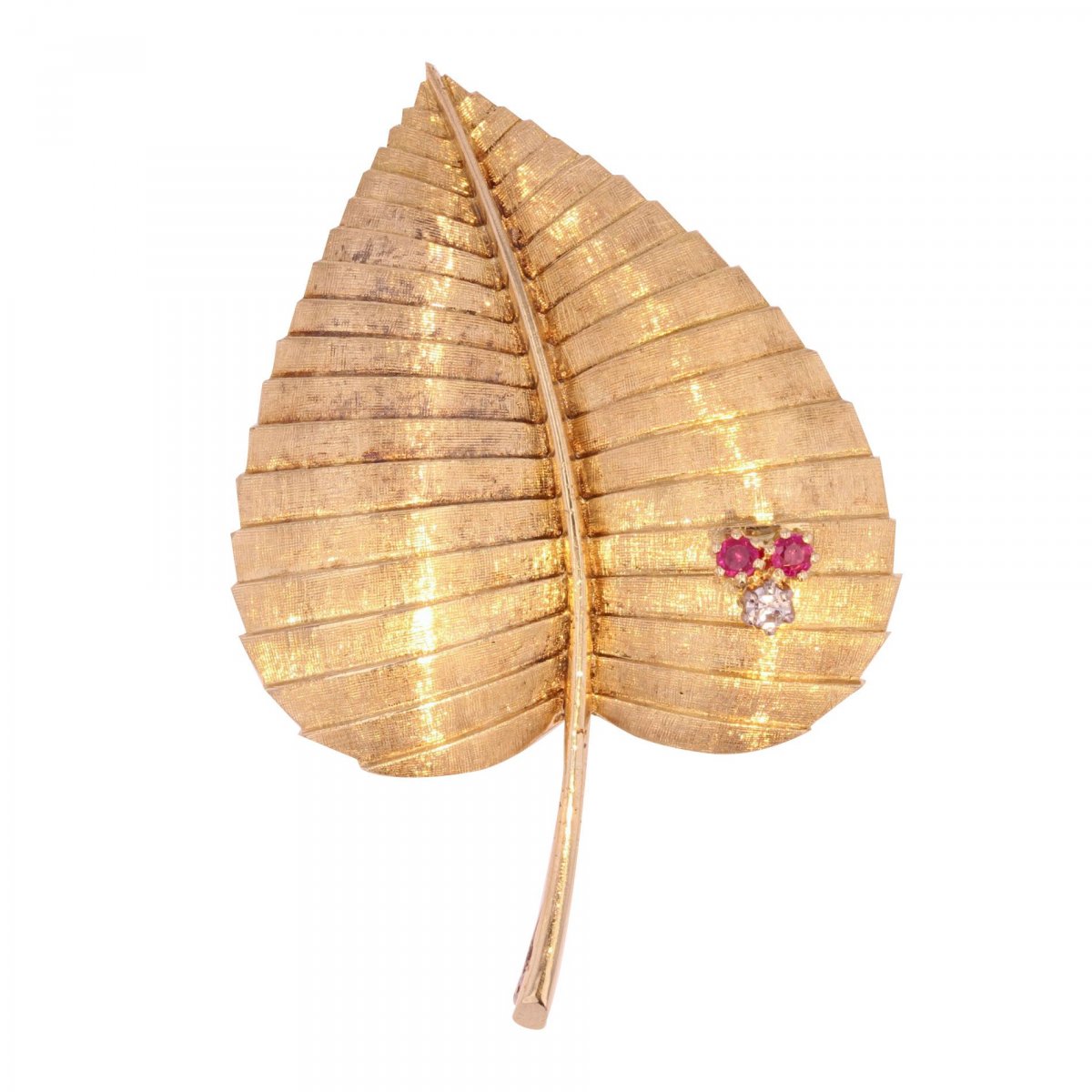 Retro Leaf Brooch In Gold Diamond And Ruby