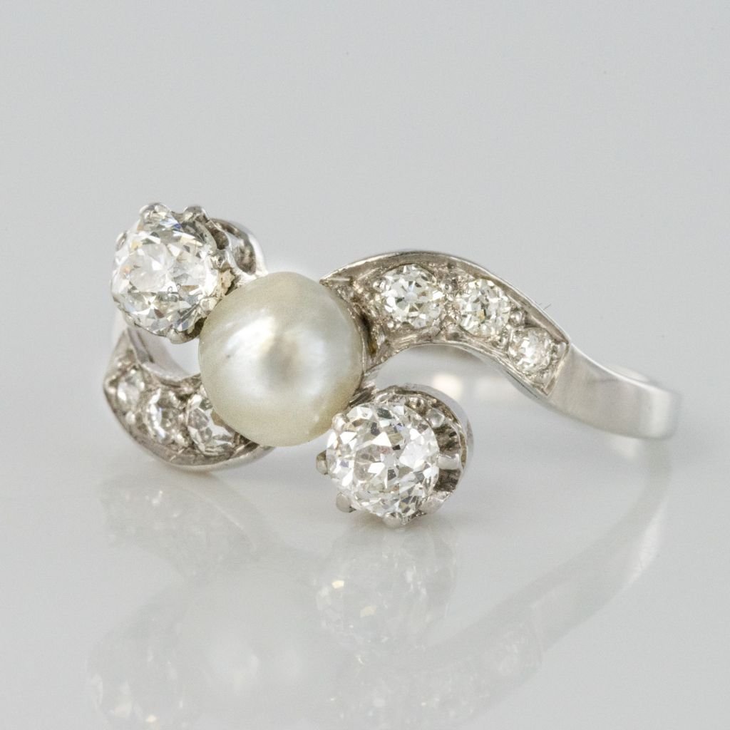 Old Fine Pearl Button And Diamond Ring-photo-3