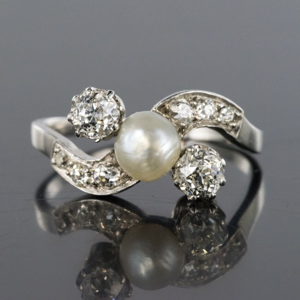 Old Fine Pearl Button And Diamond Ring-photo-4