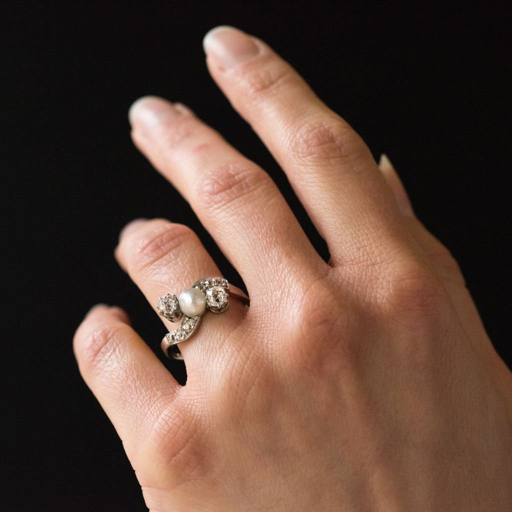 Old Fine Pearl Button And Diamond Ring-photo-4