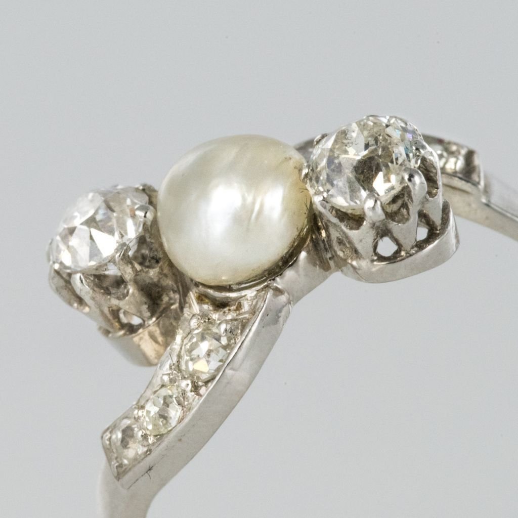 Old Fine Pearl Button And Diamond Ring-photo-6