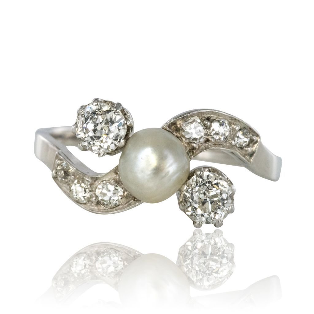 Old Fine Pearl Button And Diamond Ring