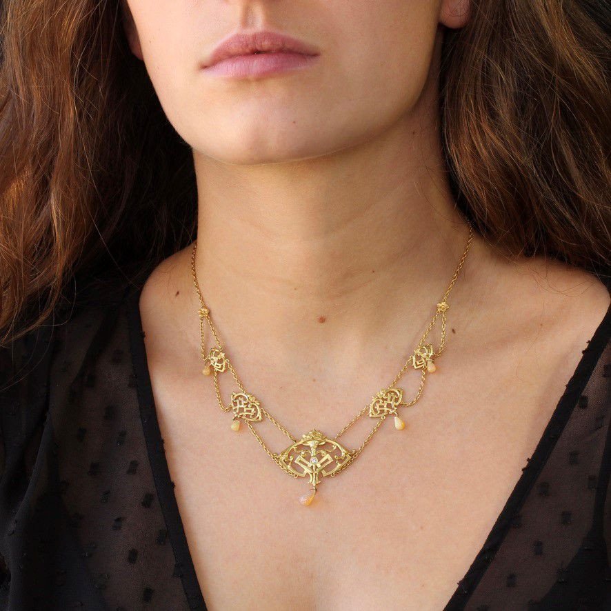 Antique Art Nouveau Opals And Diamond Necklace-photo-1