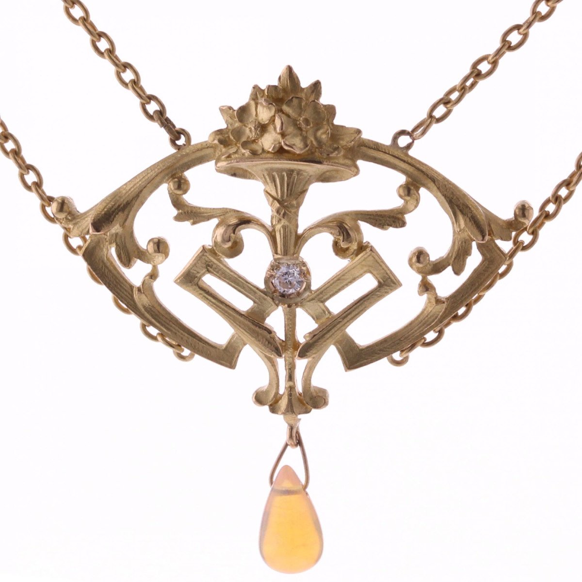 Antique Art Nouveau Opals And Diamond Necklace-photo-2
