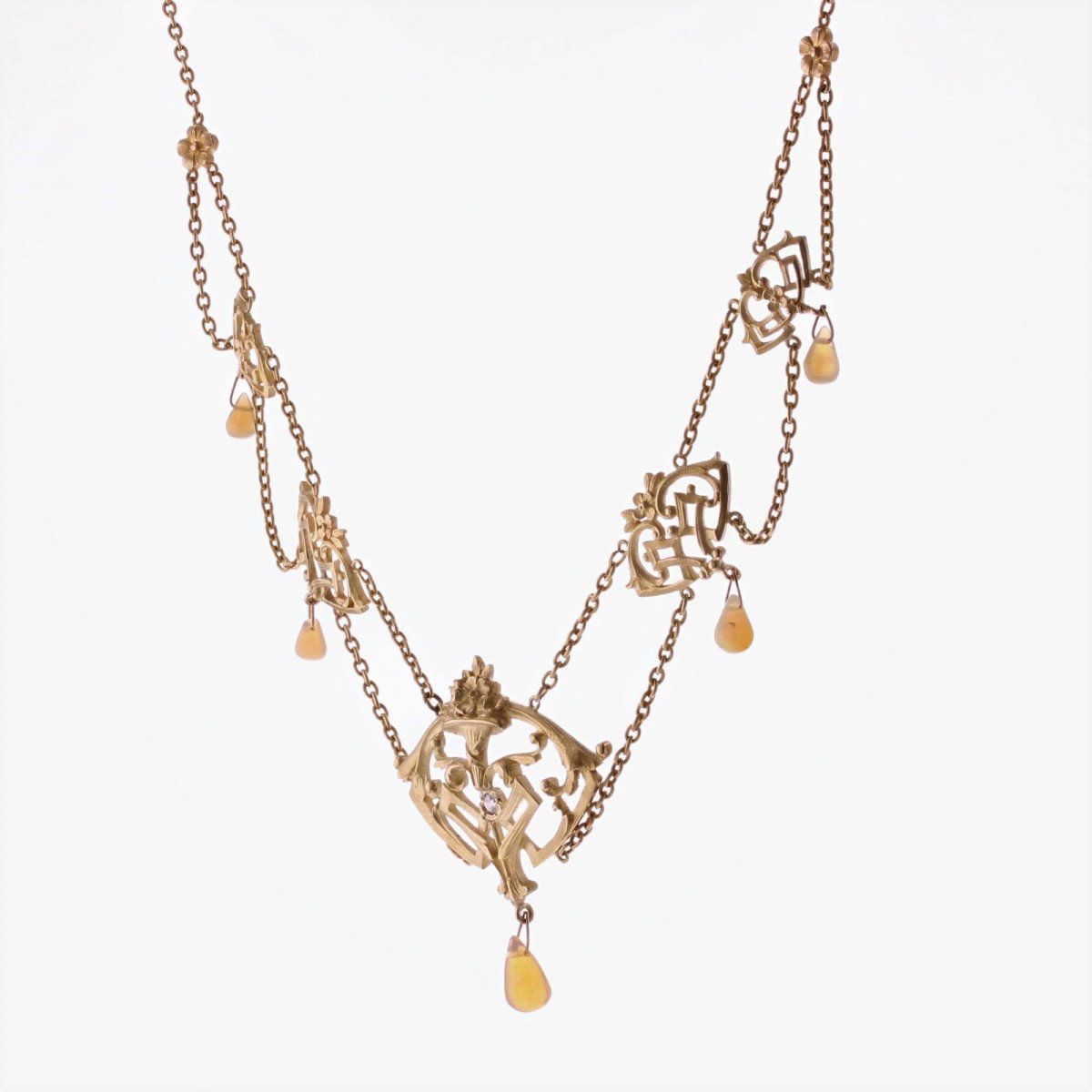 Antique Art Nouveau Opals And Diamond Necklace-photo-3