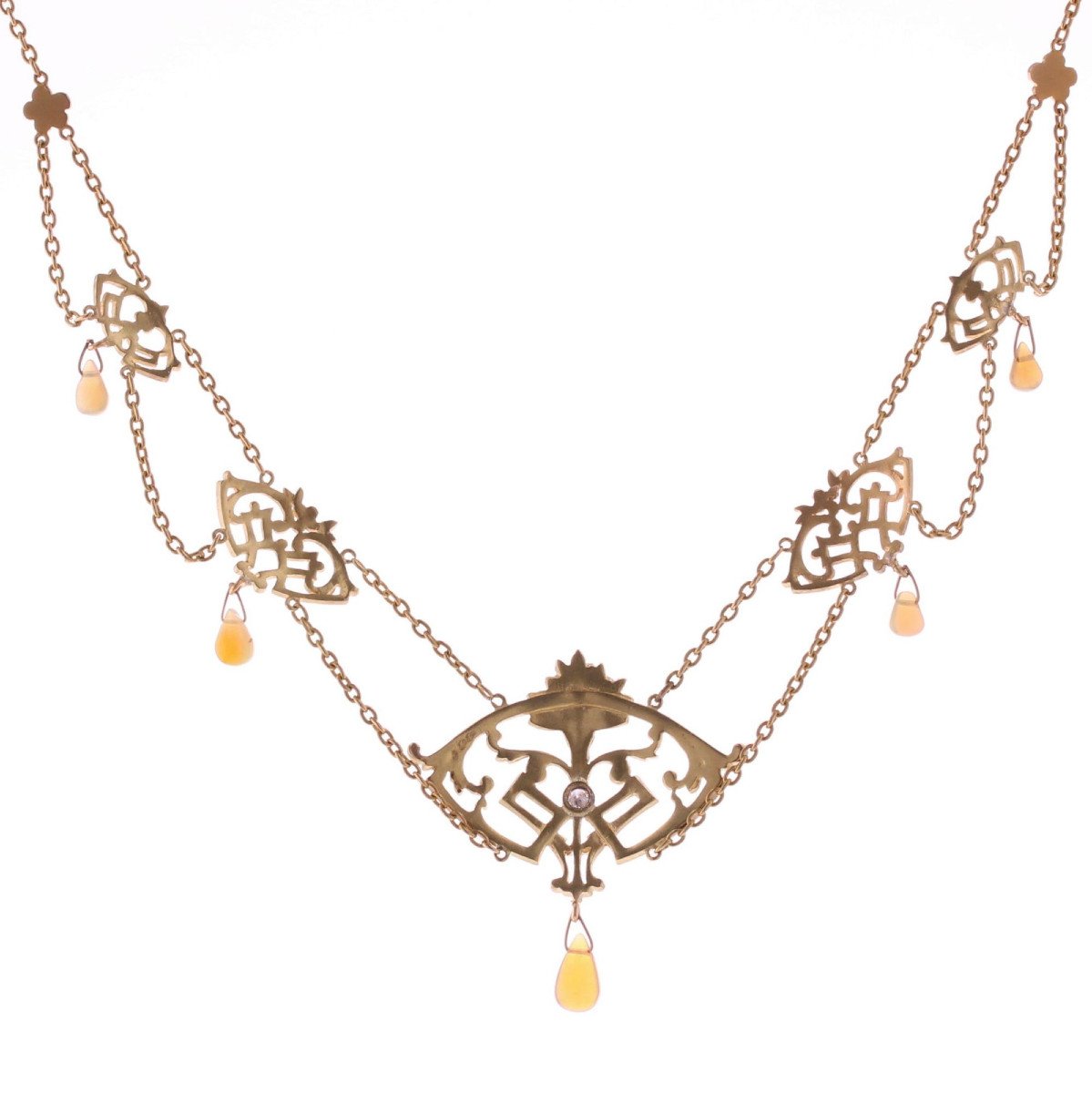 Antique Art Nouveau Opals And Diamond Necklace-photo-4
