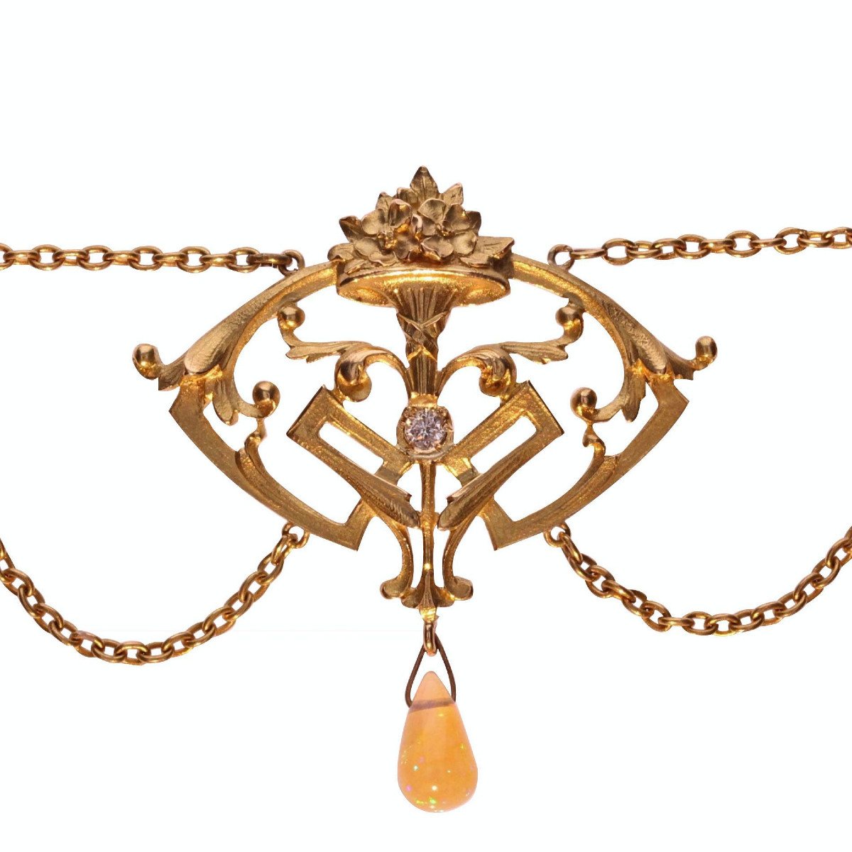 Antique Art Nouveau Opals And Diamond Necklace-photo-5